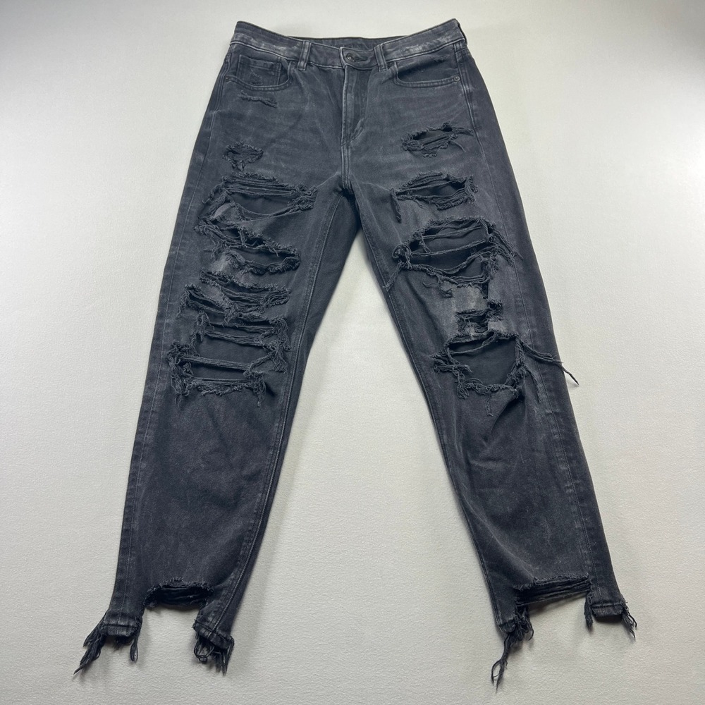 American Eagle Outfitters Mom Jean Women 4 Black Distressed High Rise Frayed Hem